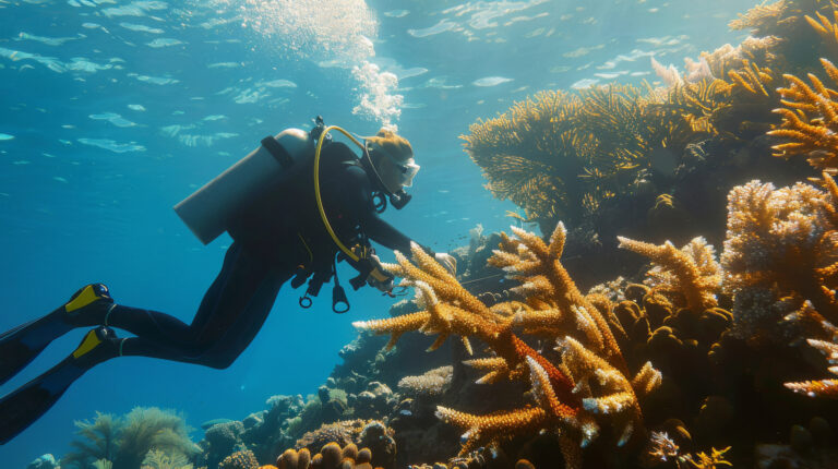A scuba diver in a black wetsuit explores andaman sea at Rajiv Gandhi Water Sports Complex.