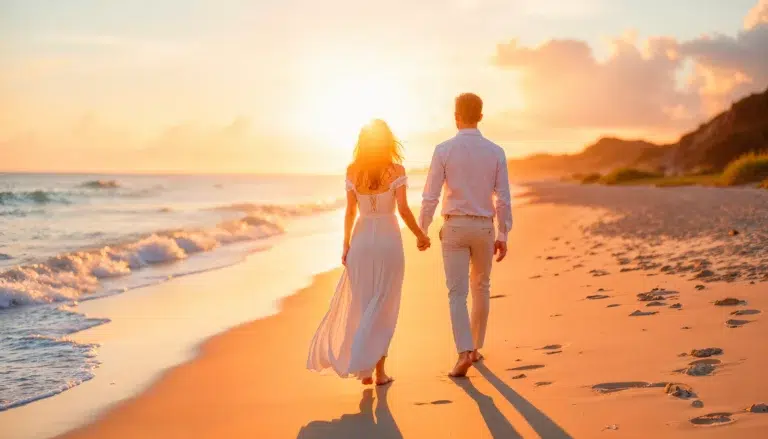 Couple enjoying a romantic walk on the beach during sunset in the Andaman Islands.