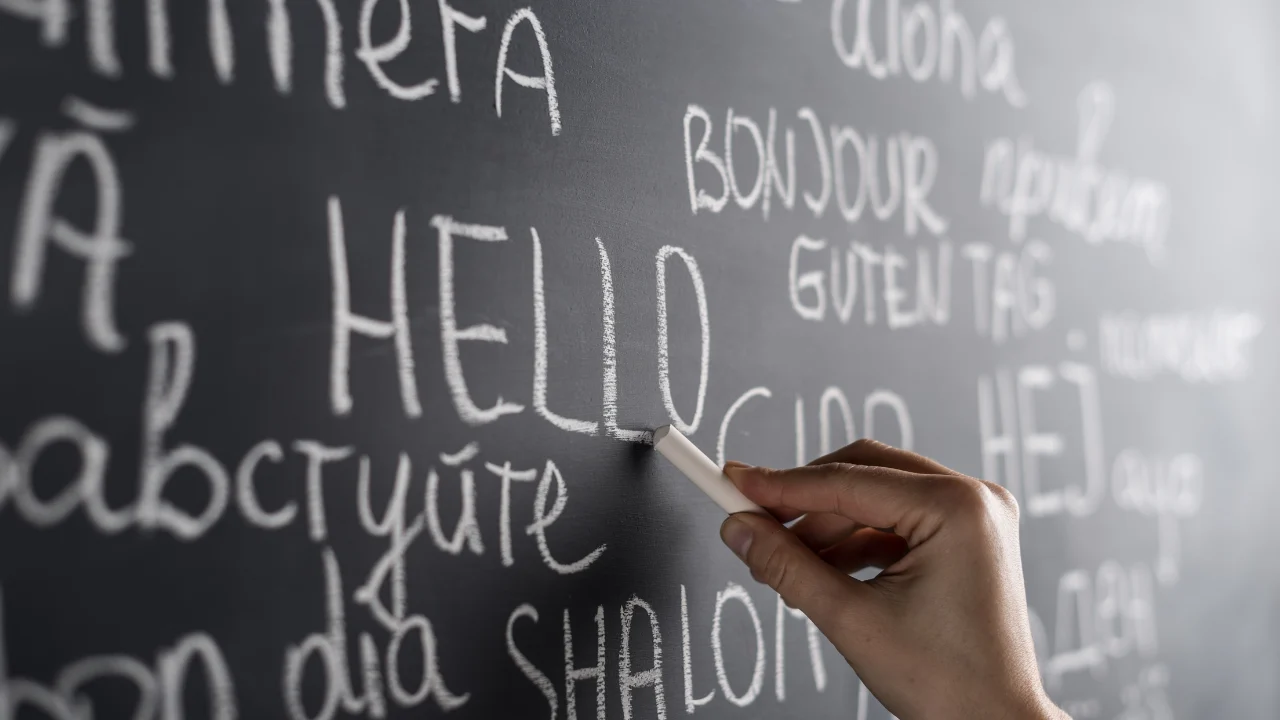 A hand writing the word “HELLO” in chalk on a blackboard surrounded by other greetings in various languages.