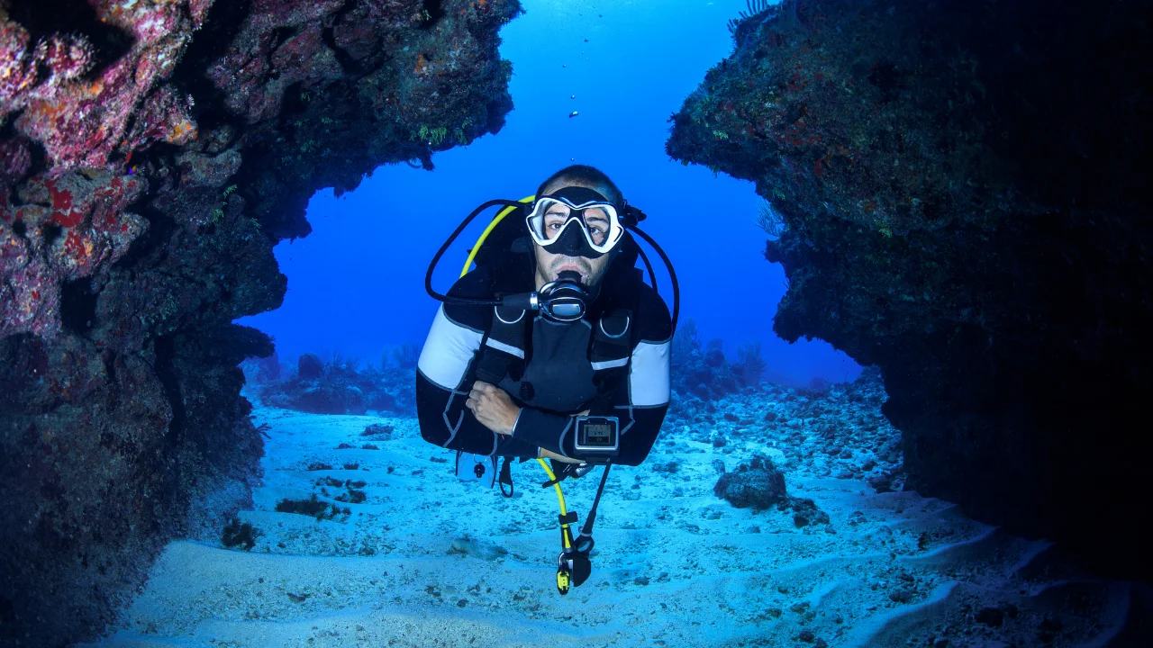 Scuba diver exploring an underwater coral cave in clear blue ocean.

