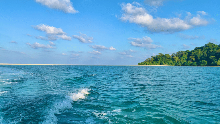 Aerial view of the pristine sandbar linking Ross and Smith Islands in Diglipur